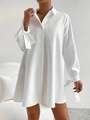 Elegante vestido camisero blanco de manga larga con puños decorativos de lazo para mujer - S / Blanco