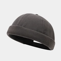 Detalle del gorro miki retro gris oscuro con cuerpo de lona y borde enrollado de punto - gris oscuro