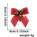 Red burlap Christmas bow with holly leaves, red berries, and gold bells, 8cm size - Red + Velvet Green Leaf