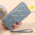 Elegant misty blue long zippered leather wallet with quilted heart embroidery and wrist strap - Blue