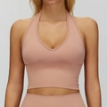 Nahtloser Halterneck-Yoga-Sport-Bra in Altrosa mit geripptem Stoff und tiefem V-Ausschnitt - S / Oberteile / Retro Rosa