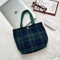 Detailed top view of plaid canvas lunch bag with green handles and gold metal buckle - Green Plaid Woolen