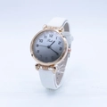 Detail view of quartz watch with white leather strap and gradient numeric dial - White