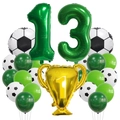 Soccer theme birthday decor with green number 13, golden trophy, and football balloons - Number Thirteen Theme