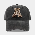 Vintage dark grey washed cotton baseball cap with leopard print letter A embroidery - Leopard Alphabet A Pattern