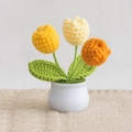 Handmade crochet tulip potted plant with yellow and orange yarn flowers in white ceramic pot - 3-Head Tulip Yellow Series