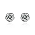 Elegant silver rose stud earrings with shimmering zircon petals on a reflective base - Gray