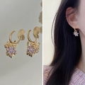 French retro gold and purple flower clip-on earrings with small rhinestone center - Purple Enamel Flower Clip-on