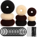 Hair styling tool kit with various sized bun makers, hair ties and bobby pins - 53-Piece Three-Color Mix Set / Mixed 3 Colors