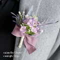 Elegant purple silk flower boutonniere with lavender and pearl detail on grey suit jacket - Light Purple