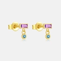 Elegant S925 silver stud earrings with purple rectangle gem and blue round stones - 18K Gold