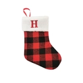 Buffalo plaid Christmas stocking with white faux fur trim and red letter H embroidery - Letter H