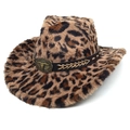 Cappello da cowboy leopardato in peluche con cinturino in pelle e fibbia a testa di toro - Parte Superiore a Cuore / Caffè Chiaro