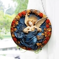 Detail of angel and red roses on a round acrylic hanging ornament with gloss finish - Angel Rose-Blue Background