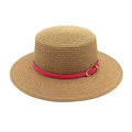 Flat top straw sun hat with fuchsia ribbon and gold buckle for beach vacations - M(56-58cm) / Khaki