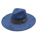 Detailed top view of navy blue wool fedora hat with a contrasting brown grosgrain ribbon band - M (56-59cm) / Navy Blue Suede