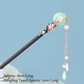 Vintage wood hair pin with teal jade, pink floral accents and long gold tassels - Jade Buckle - Large Green