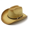 Classic straw western cowboy hat with brown gradient brim and leather band with silver buckle - M(56-58cm) / Khaki
