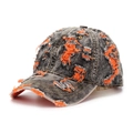 Close-up of distressed grey denim baseball cap with orange frayed ripped hole details - One Size / Dark Grey Wash with Orange Distressed Details (E)
