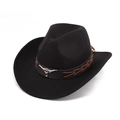Close-up of black felt cowboy hat featuring a brown leather band and silver bull head detail - Roped Bull Head Style / Black
