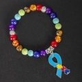 Bracciale yoga in pietre naturali con ciondolo a nastro autismo su sfondo nero in pelle - Stile 8 - Ciondolo a nastro blu puzzle