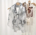 Voile scarf with grey floral print on white background, thin sun-protective shawl wrap - White Grey Pattern