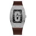 Detail of tonneau-shaped silver watch case with sparkling diamonds and brown silicone strap - Coffee