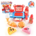 Blue and red kids supermarket cash register toy set with scanner and play food - Red and Blue Cash Register Burger Set Bagged (333-5K)