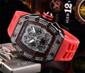 Luxury tonneau watch featuring iced-out diamond bezel and vibrant red rubber strap - Black Dial Black Case Red Strap