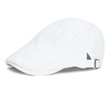 Classic white cotton flat cap with adjustable bronze metal buckle in a side-rear view - White