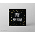 Square 8x8cm black Happy Birthday card with white text and yellow star accents - Black Star Birthday
