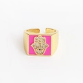 Detail view of pink enamel Hamsa hand ring with micro-p镶 inlaid cubic zirconia stones - Adjustable Open / Rose Red