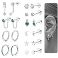 Surgical steel piercing set with star, moon, and emerald zircon studs for women - Silver Jewelry Set
