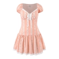 Abito corto rosa a righe stile francese con maniche a sbuffo e bordo in pizzo e lacci - XS / Rosso Arancio