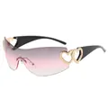Y2K rimless shield sunglasses with gradient pink lenses and gold heart-shaped metal accents - Gradient Grey Pink White