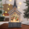 Dettaglio palla di neve con chiesa natalizia illuminata, pupazzo di neve e glitter dorati - Pupazzo di Neve