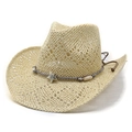 Sommerlicher Stroh-Cowboyhut mit Lochmuster, Metallstern und bunten Perlen - M (56-58cm) / Beige