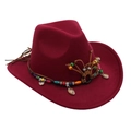 Detail of ethnic style burgundy cowboy hat with colorful beads and shell accents - One Size / Burgundy