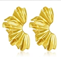 Golden stainless steel earrings with textured wave design in a polished metallic finish - Pleated Sea Wave Fan