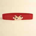 Detail of red elastic waist belt featuring a decorative golden butterfly buckle closure - Red