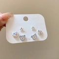 Detailed view of silver stud earring set with heart, star, and bear shapes on card - 11# Silver and Blue Bear (6 Pairs)