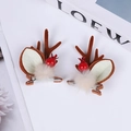 Christmas reindeer antler hair clips with brown horns and red berries on white background - Red Berry Mink Fur Brown