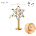 Golden flower labret stud with zircon petals and dimension details for 16G piercing - Style 5 / 1.2x6mm / Gold