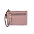 Cartera rosa de cuero para mujer con cremallera doble y colgante de hoja dorada - Rosa