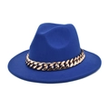 Close-up of bright royal blue wool fedora hat with decorative thick gold chain link - M (56-58cm) / Sapphire Blue
