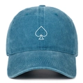 Detail of spade embroidery on navy blue washed cotton baseball cap with retro style - Lake Blue