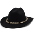 Close-up of cowboy hat showing black wool felt texture and golden metal chain detail - M (56-58cm) / Black