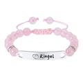 Customized pink quartz bead bracelet with engraved silver plate and adjustable cord - Pink Crystal - Kids Bracelet