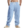 Men's loose light blue cargo pants with side pockets in breathable cotton linen fabric - Light Blue