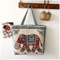Ethnic style beige tote bag with elephant embroidery and striped shoulder straps - Red Elephant